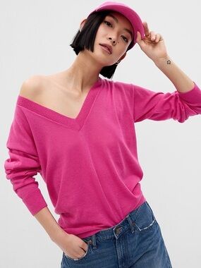 Gap XL v-neck linen pullover standout pink long sleeve cozy knit summer casual